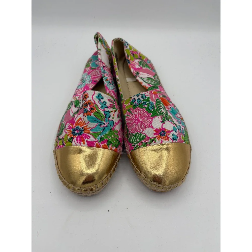 Lilly Pulitzer Target Floral Espadrille Flats Pink Green Gold Cap Toe Women 10.5